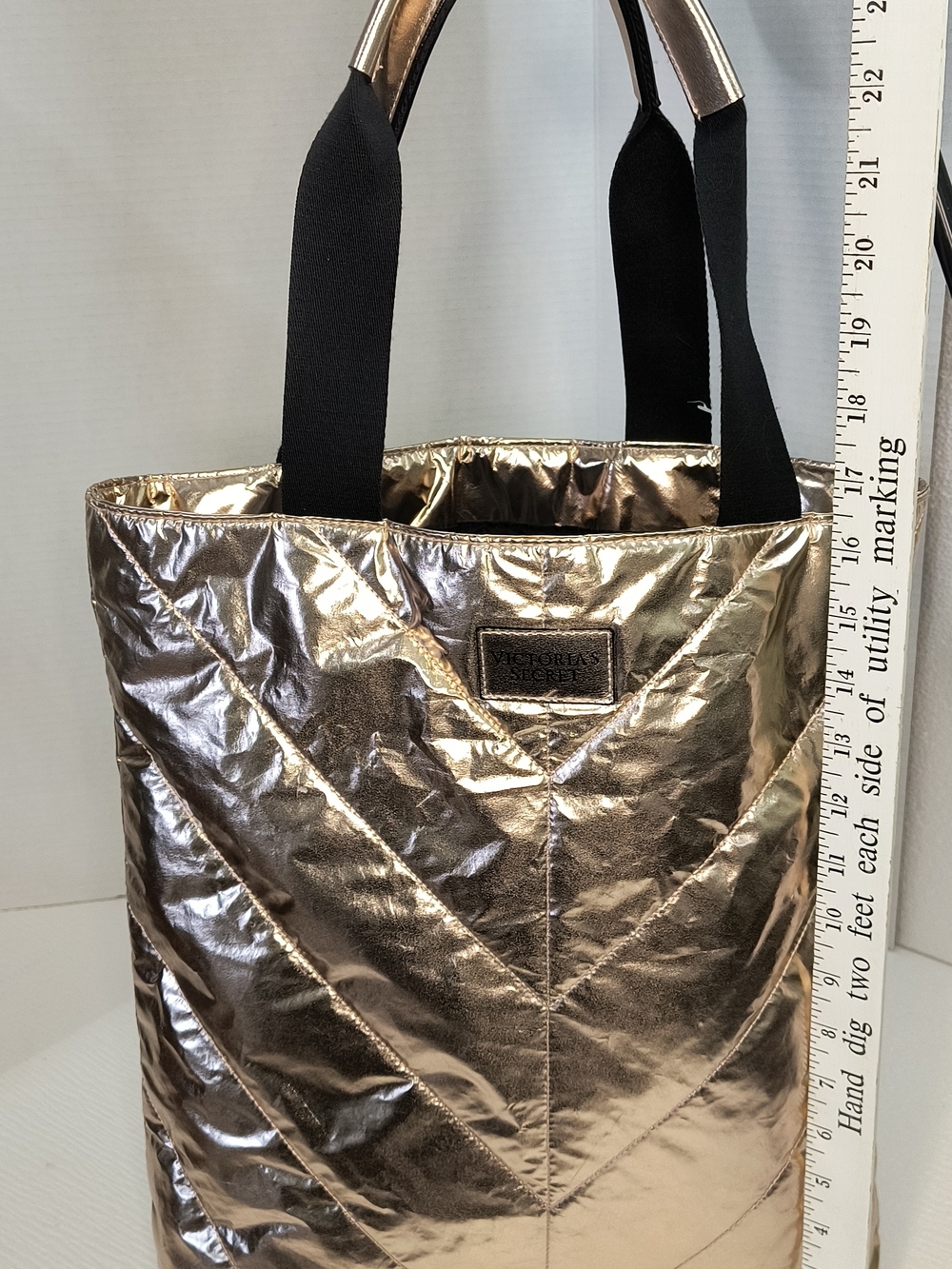 Victoria's Secret Metallic Rose Gold Tote Bag with Black Straps